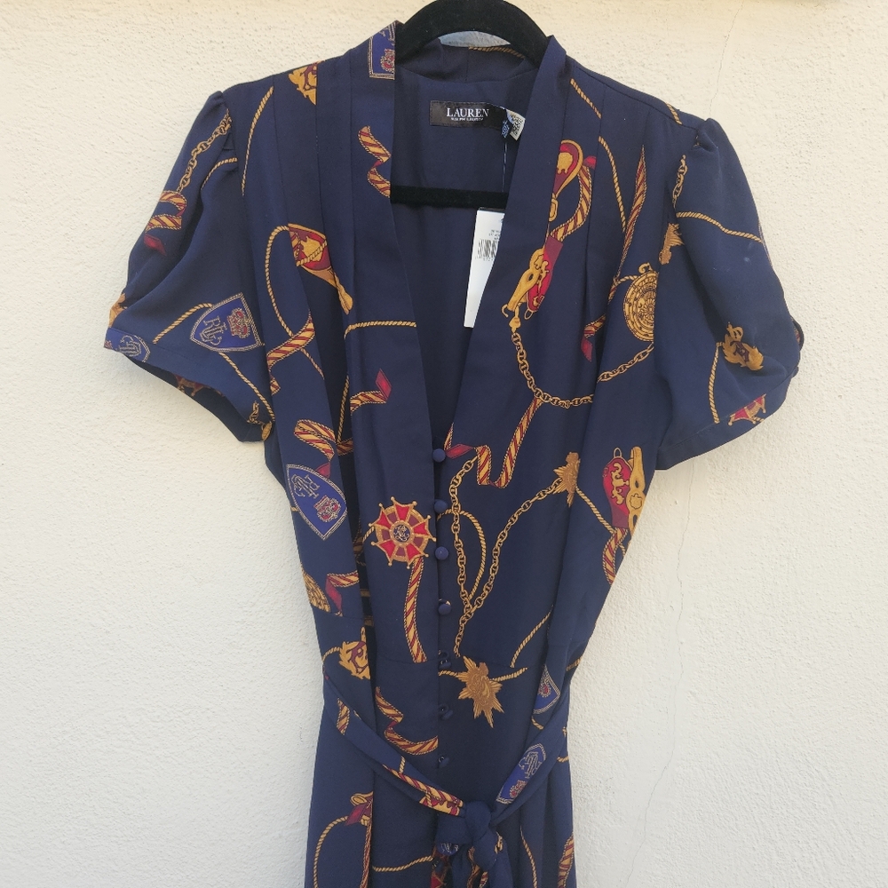 NEW NWT Ralph Lauren Navy Nautical Equestrian Belted Georgette Puff-Sleeve Dress - Picture 3 of 10